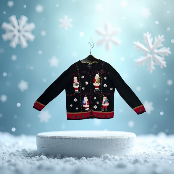 VTG Studio Joy Ugly Christmas Sweater Women's Large Cardigan Black Santa Snow - Picture 1 of 7